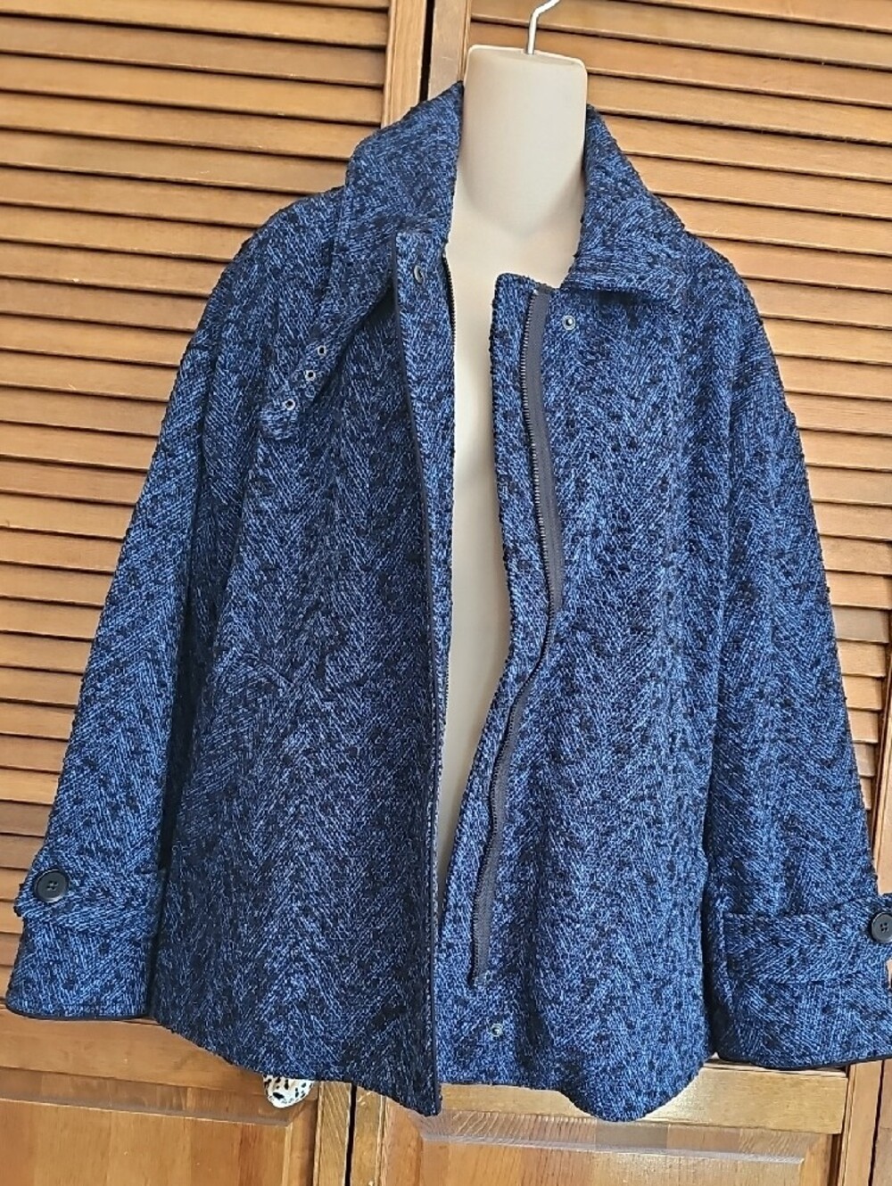 Banana Republic Blue Herringbone Tweed Funnel Neck Jacket - M - Picture 5 of 14